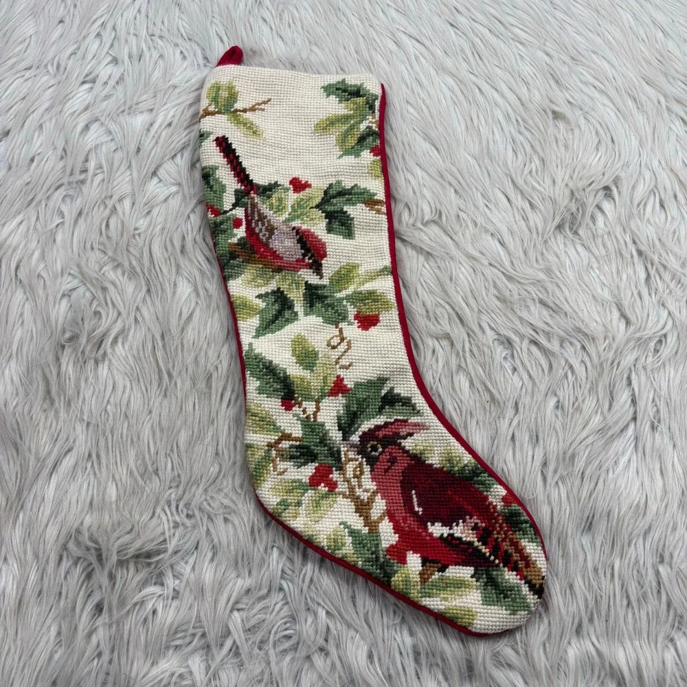 Vintage Cross Stitch Cardinal Bird Motif Velvet Back Skinny Stocking Christmas